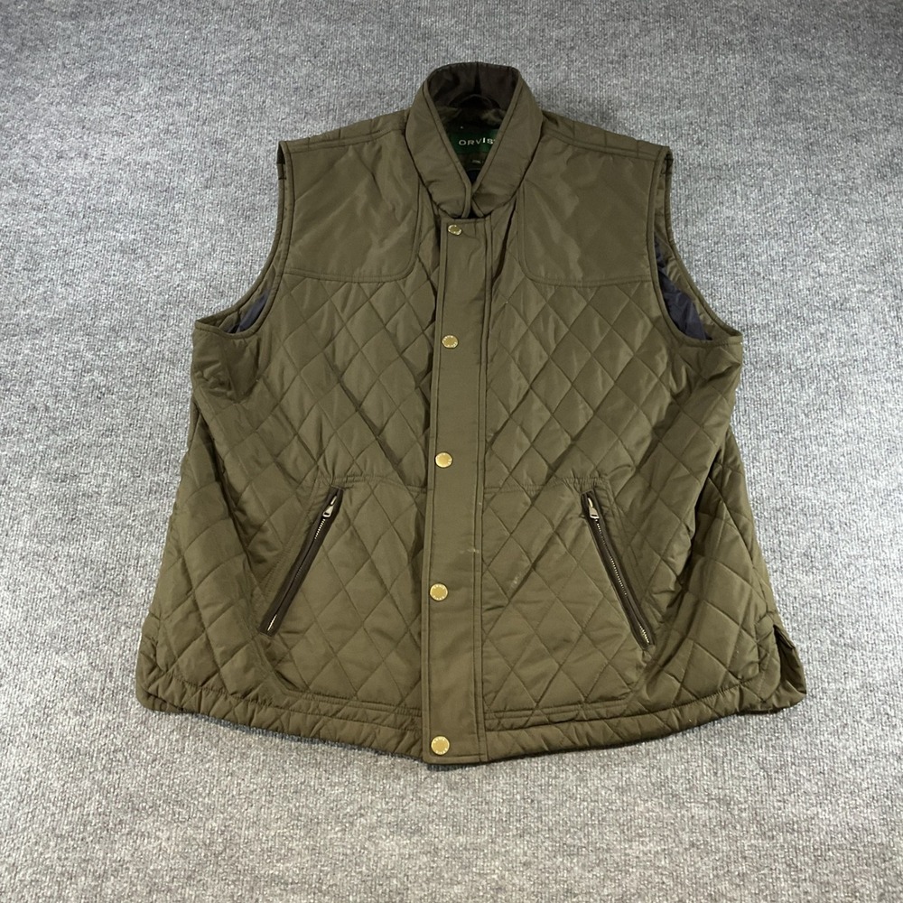 Orvis RT7 Quilted Vest Mens XXL Olive Green Diamond Quilt Full Zip Snap Pockets